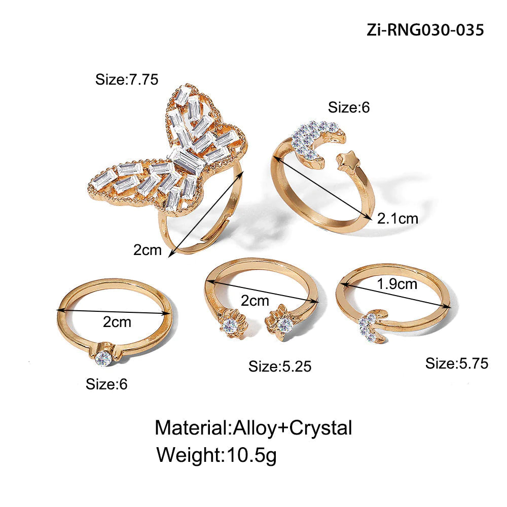Set Of 5 Alloy Butterfly Star Moon Set Open Rings, Crystal Star Moon Butterfly Knuckle Finger Ring Set, Cartoon Moon Finger Rings Star Heart Jewellery Set Of 5 Alloy Butterfly Star Moon Set Open Rings, Crystal Star Moon Butterfly Knuckle Finger Ring Set, Cartoon Moon Finger Rings Star Heart Jewellery